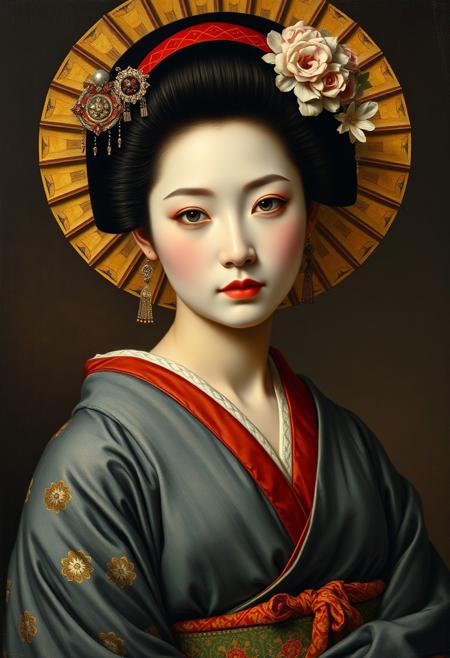 classic antique caravaggio painting of a beautiful japanese geisha, she is 20 years old with pretty round face,