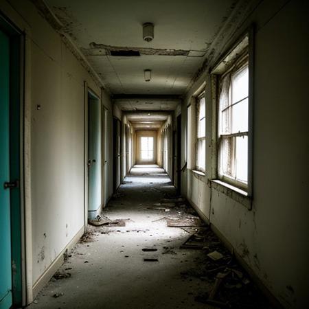 RAW photo, creature far down hallway, 8k uhd, dslr, soft lighting, high quality, film grain, Fujifilm XT3, Masterpiece, photorealistic, abandoned hospital, looking down hall way,