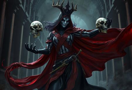 Underworld Princess: black figure, white mask, striped shirt, red sash, holding skulls, red cape flowing. Dynamic action pose, dark fantasy, ominous, high-res, trending on Artstation, octane render, unreal engine 5, Raphael style, splash ink illustration, golden ratio, CGSociety.background Curse of the Shadow Prison