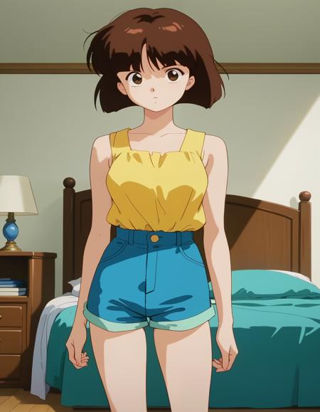 1girl, solo, NabikiTendo, short hair, brown hair, bob cut, brown eyes, white blouse, blue dress, green shirt, shorts, white shorts, yellow blouse, sleeveless, shorts, blue shorts,