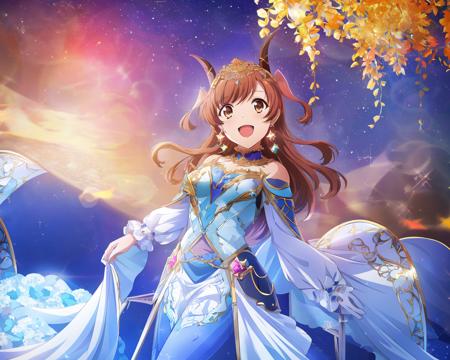 aijou_karen\(starlight\), aijou_karen\(torus\), 1girl, solo, brown eyes, long hair, dress, jewelry, star \(sky\), smile, starry sky, open mouth, horns, sky, brown hair, ring, looking at viewer, earrings, night, night sky, frills, sparkle
 <lyco:Karen_C3:1>
(extremely detailed skin), (extremely detailed eyes), (extremely detailed face), (extremely detailed hair), (perfect anatomy), extremely detailed CG unity 8k wallpaper,thick highlights in eyes,extremely detailed glistening iris, perfect shading, perfect overlay, perfect highlights, color tress, colorful reflected light in eyes,,masterpiece, high_quality,Extremely Delicate Pixiv 8K-Illustration, Best Quality, Hyper Detailed, Intricate Details, Depth Of Field,