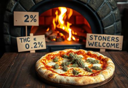 A gourmet pizza is artfully displayed on a rustic wooden table, set in front of a traditional Italian wood-burning pizza oven with flames flickering warmly in the background. The pizza features a perfectly golden, crispy crust, topped with fresh, melted cheese, and vibrant sativa cannabis flowers, glistening with rich trichomes. The green hues of the cannabis flowers contrast beautifully with the rich tomato sauce and the creamy cheese. In the background, two cardboard signs are prominently visible. One reads "THC < 0.2%," highlighting the legal compliance of the ingredients, while the other boldly declares, "Stoners Welcome," adding a playful, inviting touch to the scene. The overall ambiance blends traditional Italian culinary artistry with a modern, laid-back vibe.
