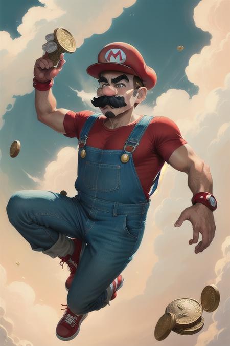 <lora:SuperMario:0.4>
SuperMario wearing overalls and holding coins in his hand, jumping in the clouds, with a mustache, red tshirt