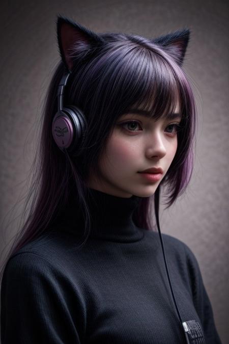 (masterpiece, best quality, highres:1.2), raw portrait photo of cute Girl with headphones, cat ear headphones, colored hair, in high detailed textured, (most iconic photo), (dynamic background), depth of field, morbid, dynamic time, (light smile:0.3), SFW,