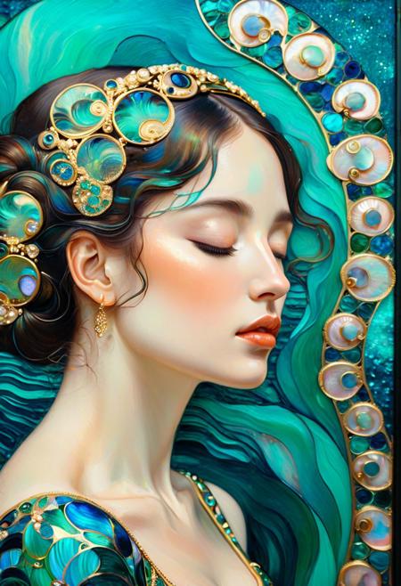 a painting of a woman with her eyes closed, a detailed painting, inspired by Gustav Klimt, trending on deviantart, cloisonnism, glowing hue of teal, paua shell, mucha style 4k, stone and glass and gold, abstract figurative art, ocean, instagram art, resting, stained , illustration, masterpiece.