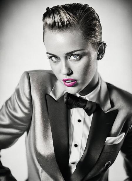 analog style, modelshoot style, portrait of sks woman in tuxedo, (perfect eyes), energetic and colorful streams of light (photo, studio lighting, hard light, sony a7, 50 mm, matte skin, pores, concept art, colors, hyperdetailed), with professional color grading, soft shadows, bright colors, daylight, <lora:locon_miley_v1_from_v3_64_32:1.3>