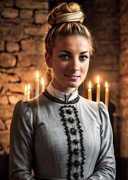 <lora:pauline_ferrand_prevot:0.9>,pauline_ferrand_prevot,portrait of pauline_ferrand_prevot, angry smile, dress, evil smile, hair bun, in an old manor,  witch clothes, creepy, candles, demonic, horror, scary, grey  brick wall, upper body,4k;8k, realistic, cute girl, beautiful eyes, 25yo, big tits