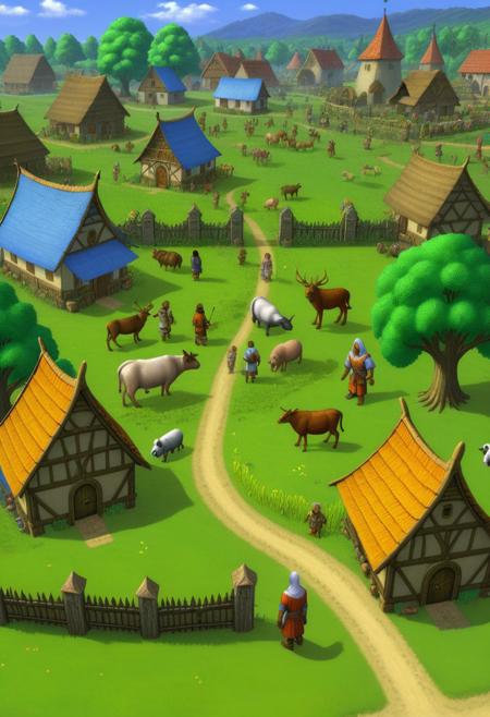 the village and the people, trees, grass, fields, houses, fences, animals, inspired by (Ultima Exodus Videogame)