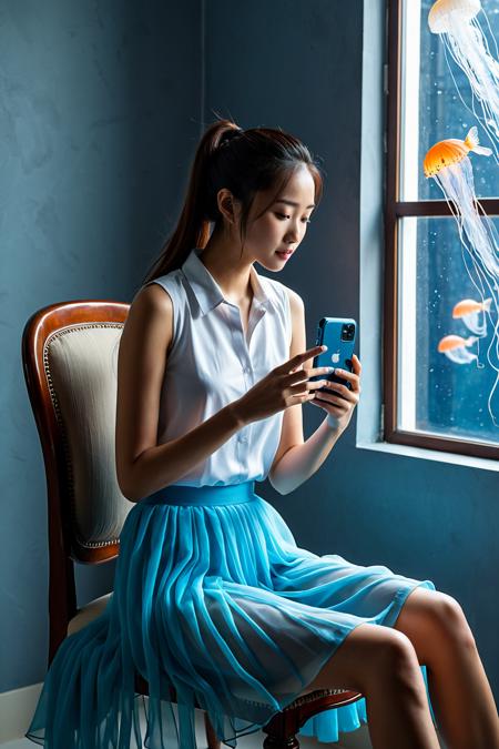 An Asian woman sitting in an underwater living space bathed in the gentle, ethereal light emanating from glowing jellyfish that float outside the window. Her brown ponytail hangs down to her back as she sits gracefully in a comfortable chair, focused intently on the screen of her smartphone. She looks elegant in a white collared sleeveless shirt and a blue long skirt. The contrast between the bright, vibrant colors of the jellyfish and the cool tones of her outfit, combined with the serenity of her expression, creates a visually stunning and calming effect. This image captures a moment of peaceful solitude within an extraordinary environment, making it both intriguing and captivating.