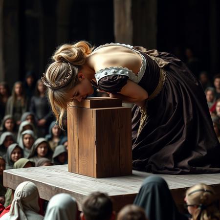 Medieval Queen, on knees, leant forward to place head on a block of wood with  room for her neck, which rests on the wooden block, on a wooden platform. crown, elegant gown, hair up, bare neck. her dress is raised at back, exposing her rear, crowd of outlooks below platform level, dressed in medieval garb.