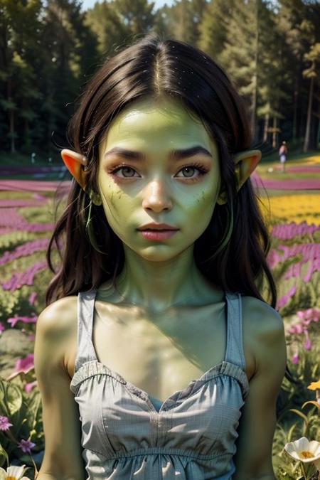 ((best quality)), ((masterpiece)), (detailed) ,
fgoblindef, onlygoblin, green skin, colored skin, flower field , outside