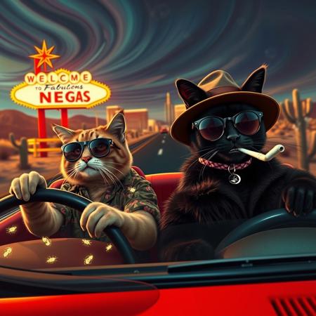 (((PERSPECTIVE FROM THE SIDE OF THE CAR))) of Two cats in a red convertible speeding down a desert highway toward a neon-lit Las Vegas skyline. The scene mirrors the iconic ‘Fear and Loathing in Las Vegas’ shot, but with feline travelers. (((The driver, a scruffy tabby in oversized aviator sunglasses and a Hawaiian shirt, grips the wheel with a wild expression. The passenger, a sleek black cat in a bucket hat and round tinted glasses, leans back with a smug grin, a cigarette dangling from its mouth and paws gesturing as he talks))).  Windshield visible with glowing luminescent bugs on it, ((perspective looking from the driver side)), exaugurated eyes and smile, smoking a joint, 
The environment is infused with psychedelic energy—distorted road signs melt into the horizon, the sky swirls with surreal colors, and cacti appear to sway and stretch. The desert landscape warps in a heatwave haze, while neon reflections shimmer in the car’s chrome details. The perspective is exaggerated and chaotic, capturing the frenetic, trippy atmosphere of the original scene in a humorous and feline twist.