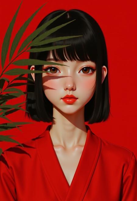 a straight short portrait of a girl, pale, black hair, partially obscured by palm leaves, red background, red robe