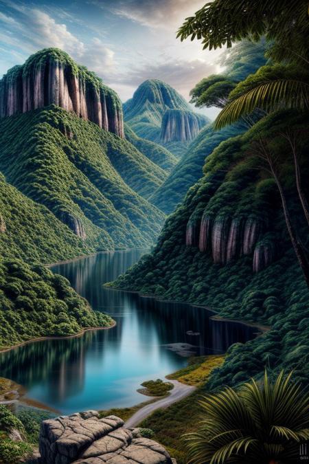 beautiful enchanting landscape, 32k, UHD, jungle, mountains, lake, masterpiece, ultimate quality, sharp focus, beautiful scenery, highres, highly detailed, superrealistic, photorealistic, digital painting, concept art, intricated details, absurdres, epic, highiest texture resolution, detailed scenery, hyperrealistic, cinematic lighting, vivid colors, dynamic angle
