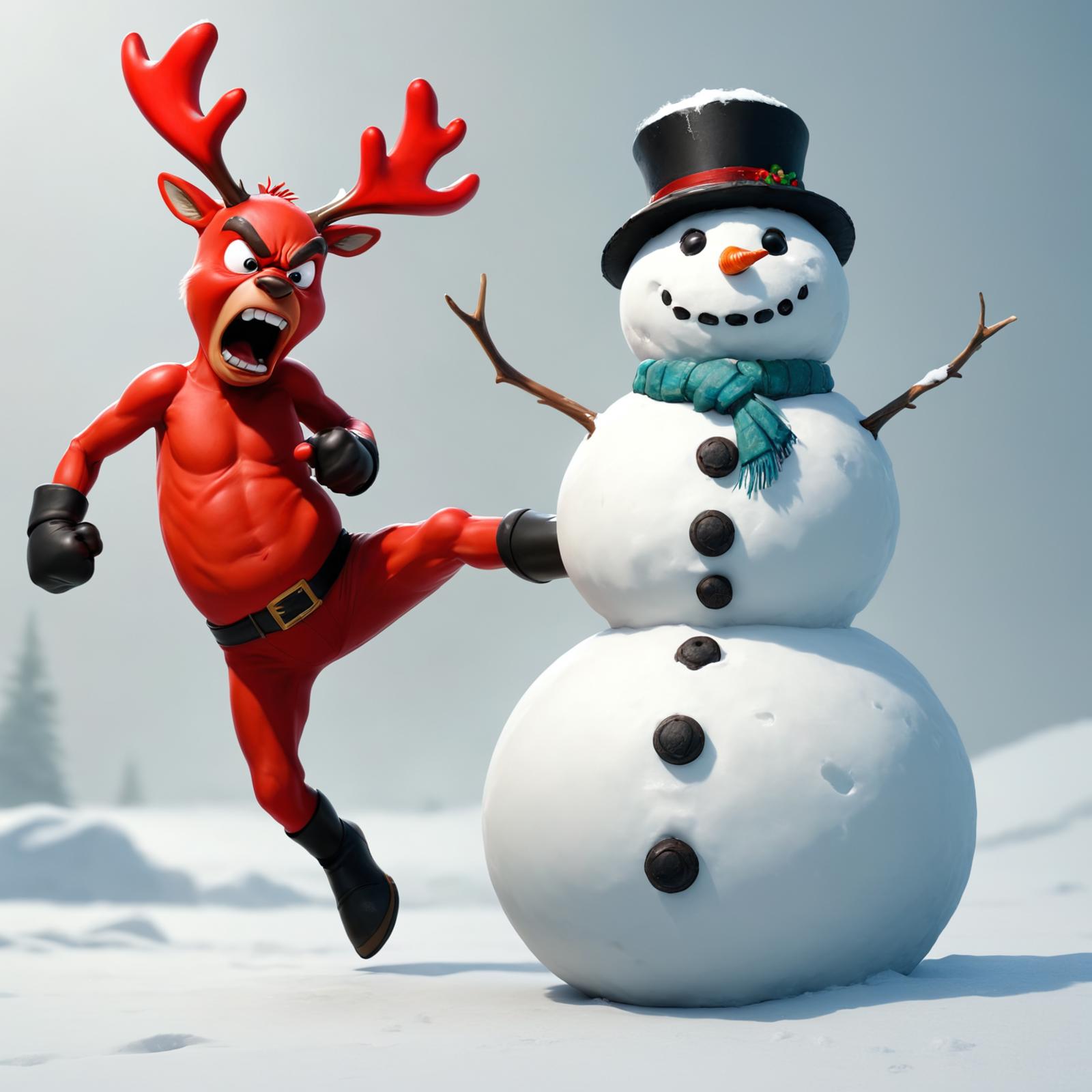 A red muscle man is kicking a snowman in the snow.