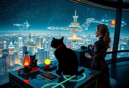 A sleek black cat with red collar sits on a cluttered metal riveted desk with transparent top and micro-LED lighted computer components visible inside, On the desk are a maneki neko statue and a lava lamp, the Black Cat is looking out of a seamless and futuristic floor to ceiling window that looks out at the lights of enormous buildings and cities far below, (((a beautiful woman, 24 years old, is standing next to the desk the cat is sitting on and looking longingly out the window, the woman is dressed in an ornate elegant Chinese style dress. An enormous deco-cyberpunk starship with futuristic lighting and an enormous space station are visible in the background among the stars, The woman's hair is elegantly tied up with a ribbon. Artistic cyberpunk, dynamic perspective, (((overall architectural aesthetic is Art Deco Cyberpunk))).  Epic image that elicits a feeling of wonder and awe, part of the interior is visible,