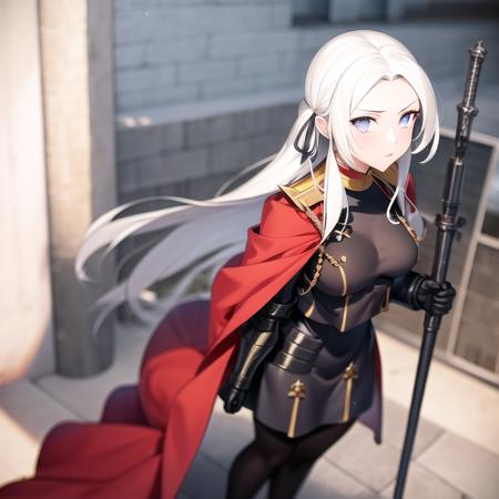 1girl, highres, masterpiece, ((edelgard von hresvelg)), fullbody, standing, detailed face, perfect face battlefield, medieval, anime style, upper body, armor, garreg mach monastery uniform, black uniform