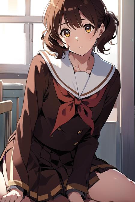 kumikooumae, <lyco:kumikooumae-LYCORIStest:1>,
kumiko oumae, (brown eyes:1.5), brown hair, short hair, wavy hair, (flat chest:1.2),
BREAK brown shirt, brown skirt, kitauji high school uniform, long sleeves, neckerchief, pleated skirt, red neckerchief, sailor collar, school uniform, serafuku, shirt, skirt, uniform, white sailor collar,
BREAK looking at viewer,
BREAK indoors, classroom,
BREAK <lora:GoodHands-vanilla:1>, (masterpiece:1.2), best quality, high resolution, unity 8k wallpaper, (illustration:0.8), (beautiful detailed eyes:1.6), extremely detailed face, perfect lighting, extremely detailed CG, (perfect hands, perfect anatomy),