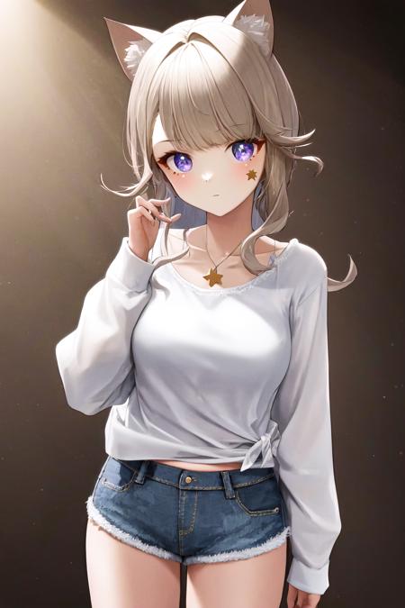 masterpiece, best quality, highres, 1girl star \(symbol\) <lora:lynette_no_outfit:1> white shirt, denim shorts