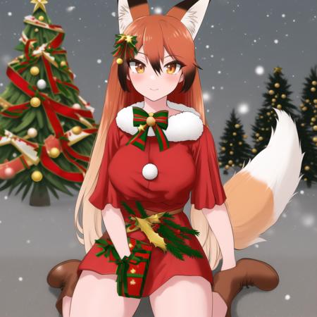 akagitsu, 1girl, solo, animal ears, fox ears, long hair, fox tail, ginger hair, ((christmas tree costume, official alternate costume)), hair between eyes, very long hair, fox girl, bangs, orange eyes, red boots, brown tipped ears, black tail, white tipped tail, breasts, detailed shading, detailed ambient light