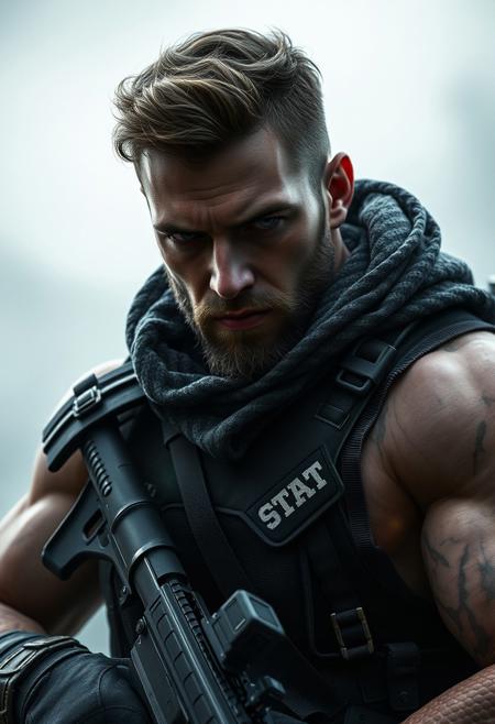 close-up epic photorealistic image of "Ghost" Simon Riley from COD Call-of-Duty, muscular, intricately-detailed, high-fashion, combat, war, battle, epic