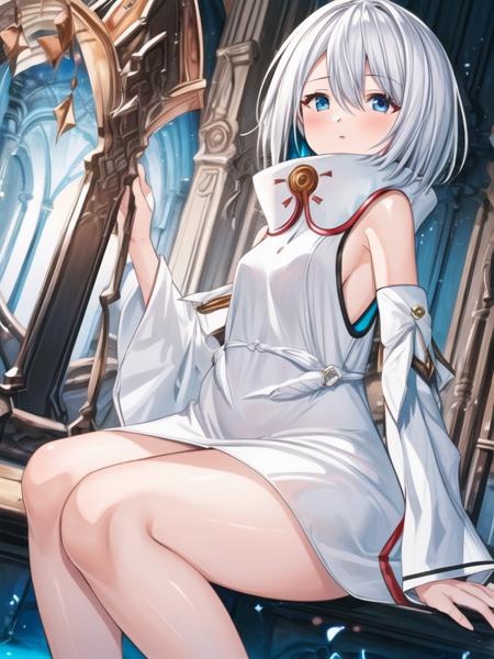 Emotional_Hardcore,white hair, short hair, white dress,black crown, sleeveless, wide sleeves