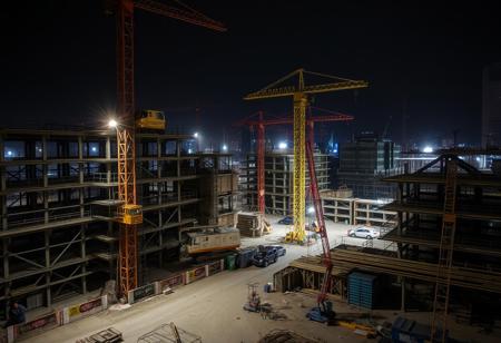 a construction site at night, with complex and intricate movements. Walking alone there is quite terrifying.