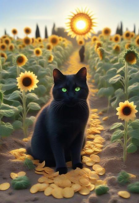 Anime art, dim light, low key, chiaroscuro. A sleek black cat, its fur a mosaic of dark, seasoned potato chips, prowls through a field of sunflowers at sunset. The blooms, crafted from golden, crispy chips, sway gently. The cat’s chip-textured body gleams in the fading light, its luminous green eyes reflecting the fiery sky. Each step is deliberate, weaving between chip-formed stalks with feline grace, half-shadow, half-light.
Sharp beams of gold slice through the dense chip stems, illuminating patches of soil and petals, while shadowy alcoves cradle the field’s mysteries. The cat’s sinuous, chip-layered form stands out against the muted yellow petals, creating a harmony of softness and sharp twilight shadows. It pauses, chip-formed ears flicking toward a distant rustle as the sky bleeds from gold to indigo. Its whiskers, delicate shards of light-colored chips, catch the faint glow, shimmering like silver threads. Amid the towering chip sunflowers, the cat embodies grace and mystery—a fleeting presence in a timeless field, where light and shadow dance endlessly.
