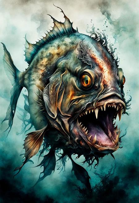 predatory burned fish:1.2 after hellfire in the ocean, sharp teeth, grunge, watercolor, patina, ink, grotesque, smoke and fog, dark fantasy botanic, fantasy art, highly detailed digital painting, triple exposure, intrinsic details, bright colors