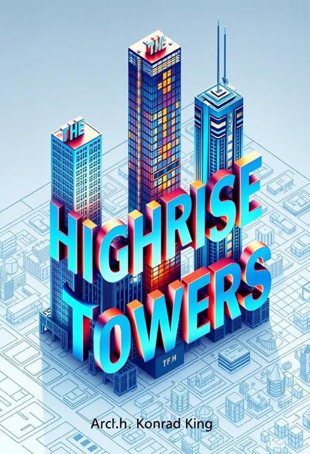 Create a book cover called ("The Architecture of Highrise Towers"), the letters of the title are 3D in the shape of highrise buildings overlooking a sketch plan of a city in USA viewed from an isometric high angle, with the letters stacked on top of each other, the ("THE") is a building, ("ARCHITECTURE") is a taller building, ("OF HIGHRISE TOWERS") is another all building with the letters stacked vertically on top of each other to form the shape of the building.
 The book cover has vivid colors with a color metallic and blue color pallette very well rendered and extremely detailed, at the bottom are the name of the author ("Arch. Konrad King) written in a architectural sketch font.