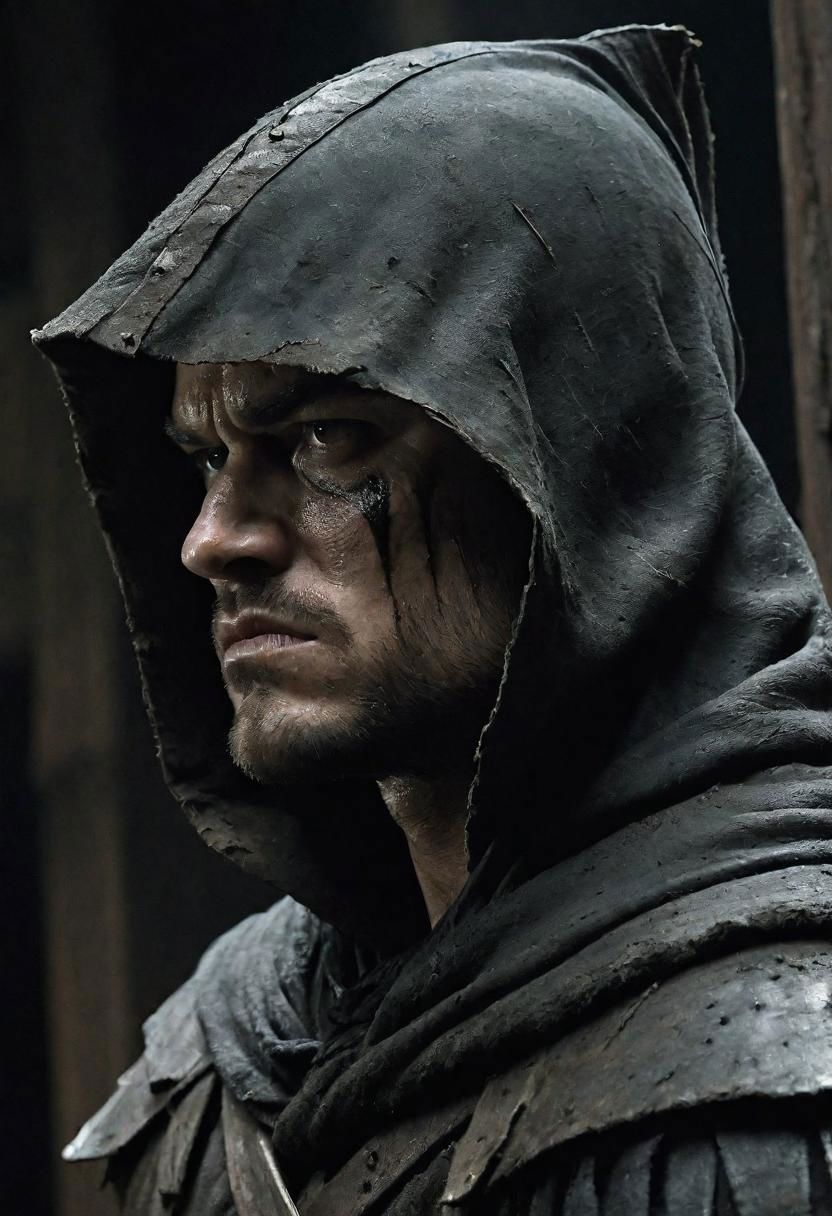 robin hood, strong build, dark cinematic, brooding feel, menacing quality, grim and eerie, side angle, style of Guy Denning