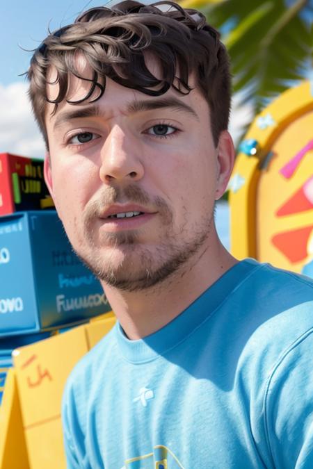 a man, in front of a stack of blue gift boxes, on a beach, [upper body:0.1], (close up:1.4), 8k, raw, uhd, fujifilm x-t3, ((candid, amateur)), <lora:mrBeast:1>