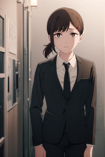 kobenihigashiyama, <lora:kobeni higashiyama s1-lora-nochekaiser:1>,
kobeni higashiyama, black hair, hair ornament, hairclip, mole, mole under eye, ponytail, short hair, (brown eyes:1.5),
BREAK black necktie, black pants, business suit, formal, long sleeves, necktie, pants, suit, 
BREAK indoors, office,
BREAK looking at viewer, (cowboy shot:1.5),
BREAK <lyco:GoodHands-beta2:1>, (masterpiece:1.2), best quality, high resolution, unity 8k wallpaper, (illustration:0.8), (beautiful detailed eyes:1.6), extremely detailed face, perfect lighting, extremely detailed CG, (perfect hands, perfect anatomy),