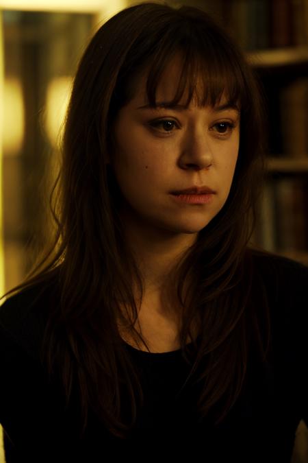 a photo of tatms ,a woman,long hair with bangs,wearing black sweater,looking at viewer,front, close-up,david lynch lighting style ,<lora:tatmsF-05:1>