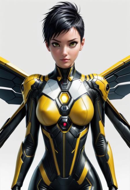 Anna, Wasp, powered futuristic outfit, black and yellow suit, 4 wings, black punk hair, semi shaved hair, style of stanley artgerm, artgerm style, white background, simple background
