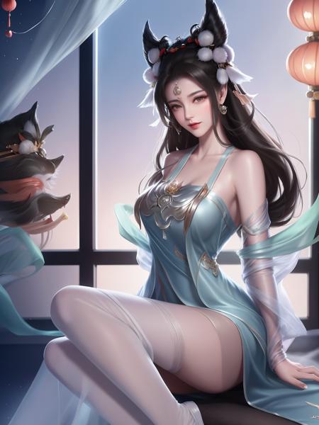 1girl,dress,cityscape,night,mature female,looking at viewer,hair ornament,animal ears,hair ornament,sidelocks,chinese clothes,see-through,pantyhose,gauzy dress,arms behind back,east asian architecture,<lora:changErumengling_20230710213753-000009:0.75>,makeup, forehead jewel, jewelry, sitting, bed,