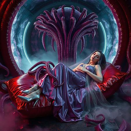 classy rich slender elegant russian baroness in glossy liquid satin provocative rich 1950s nightgown with lace inserts   and  glossy high heels, entangled in long tentacles, laying  reclined in weird red foil pillows, covered with giant ultrathin transparent glossy slime veils, under tantacles canopy,  giant portal to outer space, fog from the floor, giant purple alien carnivorous flower with glossy spiked petals at background, weird alien hive slime walls and fleshy floor, horror, fashion look, hollywood, vogue makeup, long haired, ultrathin waisym reminiscent of H.R. Giger, Zdzisław Beksinski, and Ash Thorp's dark, sleek styles, with close-up glamour photography, glossy satin and silver heels glistening, fleshy slime dripping, and dark shadows.