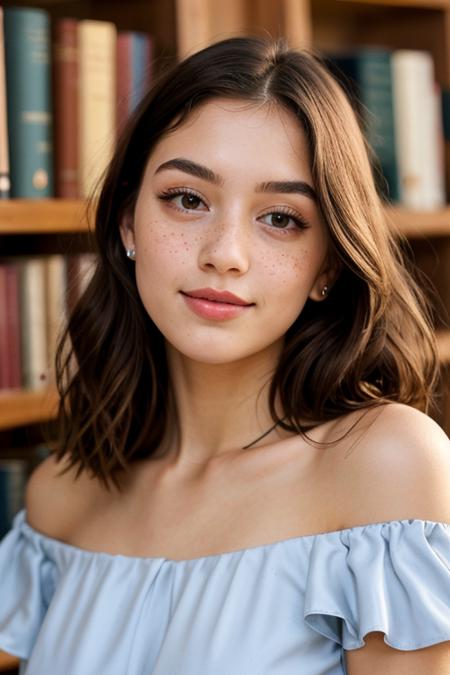 (18 years old:1.1),young and gorgeous,RAW Photograph,dslr,soft lighting,high quality,film grain,Fujifilm XT3,insane details,masterpiece,8k,35mm photograph,dslr,kodachrome,vignette,vintage,Kodachrome,Lomography,stained,highly detailed,freckles,innocent,pale,detailed skins,(wearing a Pleat Detail Off The Shoulder Structured Satin Top and demin shorts ):1.1,pouting,blue eyes,pink rouge,red  hair between eyes,(library):1.1,warm light,from below,perfect facial ratios,perfect facial features,full cheeks,blush on cheeks,all attention given to the face,emphasizes on the cute chubby cheeks,Soft and smooth skin texture,shiny skin,flawless complexion,shiny eyes,eyelashes,natural eyebrows,rosy lips,cute small nose,cute face shape,warm and inviting smile,natural lighting,gentle shadows,detailed hair strands,silky hair,hair on the sides framing the face,glossy highlights on the hair,rich and vibrant colors,vibrant and warm background,complementary colors to enhance the girl's features,captivating expression,engaging eyes,intricate details on eyelids and lashes,flawless complexion,realistic detailed skin,Life-like textures,minute details,every aspect of the face made clear and visible,picture fills the canvas,(shiny skin),pale skin,crystal hair full body,high heels,solo,beautiful eyes,perfect eyes,(closed mouth:1.3),extravagant,ornate,designer,opulent,picturesque,lavish,