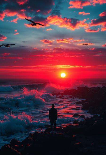 This scene dramatically depicts a rocky shore line at sunset, with crashing waves and a sky ablaze with color. The sun hovers just above the water, its rays refracting through the mist to create a kaleidoscope of reds and oranges. Seabirds soar overhead, their wings catching the light as they glide across the crimson sky. In the foreground, a lone human figure, gazing at the enchanting horizon, their silhouette framed by the fiery sunset.