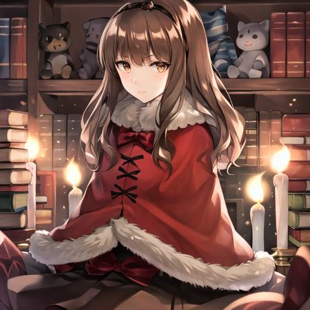 Aria, 1girl, [brown|red] pantyhose, (brown legwear:1.5), brown eyes, brown hair, fur trim, hairband, skirt, capelet, red capelet, black footwear, (red legwear:1.5), asymmetrical footwear, red footwear,