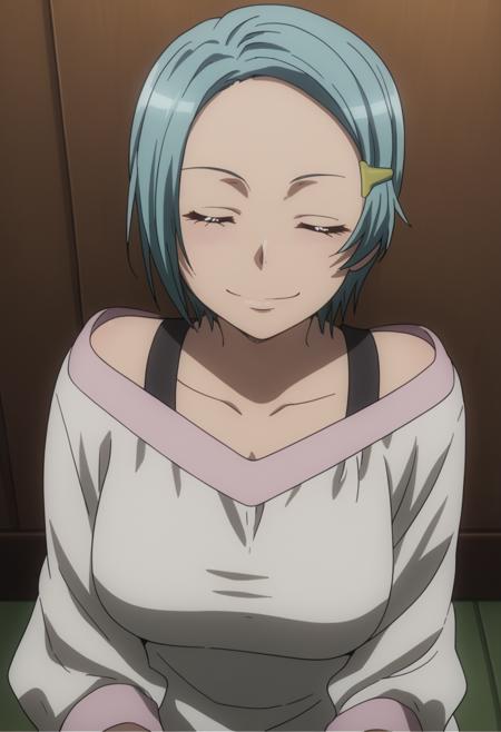  karuko hitomi, short hair, hairclip, blue hair, dress, off shoulder closed eyes half-closed eyes