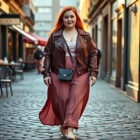 masterpiece portrait of young obese red-haired British woman::1.4, modern street fashion style::1.2, cinematic realism art::1.1
(physical description: full body shot, soft and obese figure, vibrant red hair in a relaxed mid-length style, expressive and youthful face, fair skin:1.1)
(facial features, expression: poised and confident expression, slight smile, freckles, lightly made-up with warm natural tones:1.0)
(clothing details: cropped faux leather jacket in muted plum, blush pink satin camisole, flowing rose mauve maxi skirt, pale classic low-heeled shoes:1.0)
(accessories: silver necklace and minimalist hoop earrings, stylish leather crossbody bag:0.9)
(background setting: trendy urban street scene—cobblestone or brick sidewalk, graffiti-tagged walls, café seating nearby, street fashion energy in the air:0.9)
(lighting style: golden hour natural light, soft warm highlights with cool shadows, subtle lens flare:0.8)
(composition and camera framing: full body, dynamic mid-stride walking pose, angled slightly from below for added height and presence:1.0)
(emotional tone or theme: vibrant and confident, body-positive street style chic, modern London cool meets classic curves:0.9)
(technical execution: crisp fashion photography texture, subtle motion blur in skirt and hair, well-balanced saturation emphasizing red hair and soft fabrics:0.8)