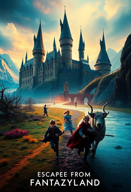 Movie Poster Concept: A surreal landscape where Hogwarts, the Queen of Hearts' castle, and Narnia's icy realm all blend together. Harry, Alice, and Aslan are running from an unknown threat that's altering their realities. Bright colors shift into dark hues as the lands overlap. "Escape from fantasyland"