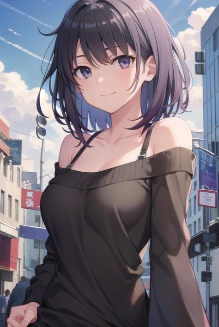 harunoyukinoshita, <lora:haruno yukinoshita-lora-nochekaiser:1>,
haruno yukinoshita, short hair, hair between eyes, (black eyes:1.5), black hair, gradient hair, two-tone hair, purple hair, smile,
BREAK sweater, off shoulder, bra strap, purple sweater, long sleeves, collarbone,
BREAK outdoors, city, sky, sun, people, crowd, buildings, clouds,
BREAK looking at viewer,
BREAK <lyco:GoodHands-beta2:1>, (masterpiece:1.2), best quality, high resolution, unity 8k wallpaper, (illustration:0.8), (beautiful detailed eyes:1.6), extremely detailed face, perfect lighting, extremely detailed CG, (perfect hands, perfect anatomy),