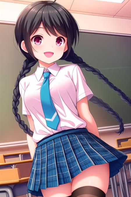 (masterpiece, best quality), highly detailed background, perfect lightingbest quality, shirasetsuzuri, solo, indoors, classroom, black hair, ahoge, hair bow, pink bow, polka dot bow, twin braids, pink eyes, blue necktie, white shirt, arms behind back, blue skirt, plaid skirt, thighhighs, school uniform, smile, open mouth, :d, pink lips, <lora:Shirase-Tsuzuri:0.7>