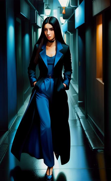 <lora:TDLP:0.6> painting of a woman with long brunette hair wearing a long blue-black satin coat walking down a dark Chinatown alley, at night after rain, ((low key)), her face is side lit by a soft blue light <lora:epiNoiseoffset_v2:0.6>