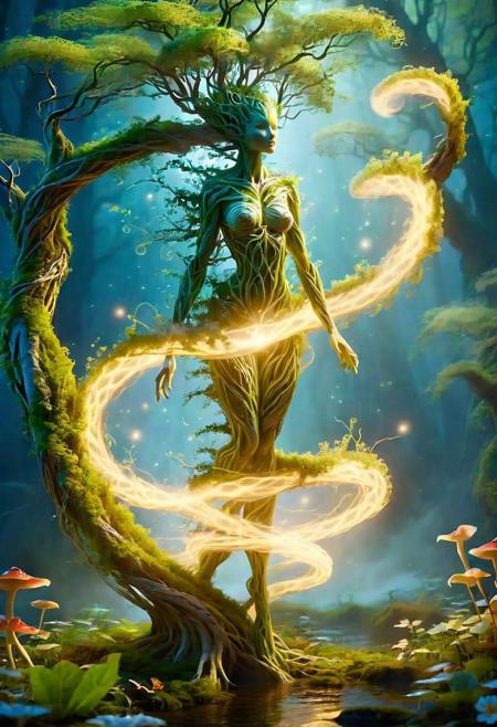 Close up, dramatic photo of a (curious female (tree elemental 1.4), slender body, (half tree, half woman:1.5), (birch bark skin:1.2), leafskin, branch crown, moss, leaves, DonM3l3m3nt4lXL, (groot)), peaking from behind a tree in an enchanted fairy flower and mushroom patch, enchanted forest at night, darkness, rain, wet, oil lanterns, fireflies, butterflies, starry night, magic portal, volumetric fog, swirling color, lense flare, colorful, surreal, bokeh, amazing composition, golden ratio, rule of thirds,
8K, hyperdetailed, masterpiece,