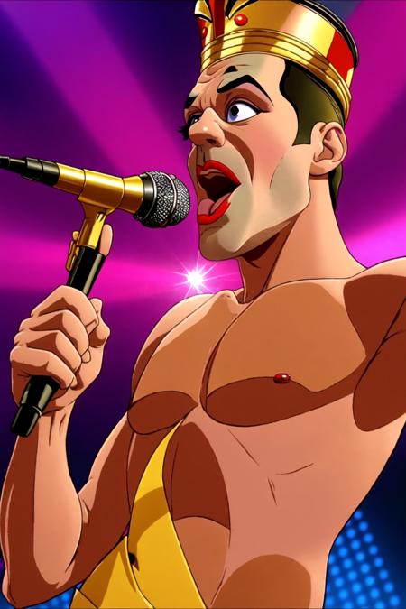 <lora:dbluth:1>dbluth, Freddie Mercury singing, still screen music video We Are The Champions