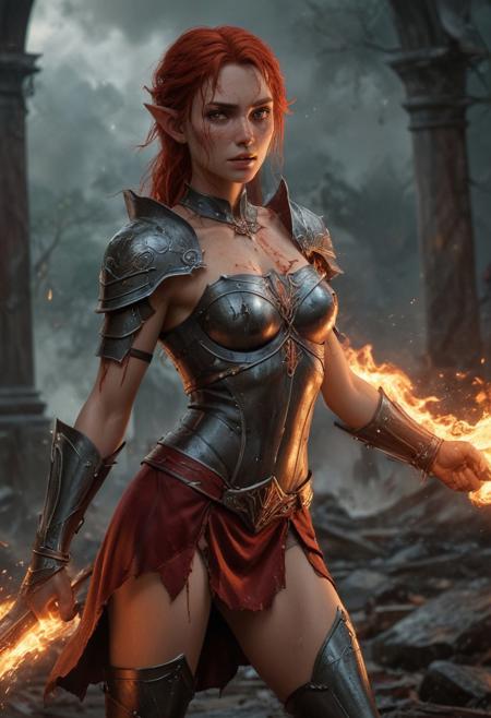 High resolution ultra-realistic of Beautiful Warrior Elf girl, 8k, capturing the intensity of the moment, cinematic lighting, standing on a bloody and stormy battlefield in bloody battle, wavy red hair, realistic dirty pale face, realistic dark brown eyes,  beautiful hourglass figure, burning in a medieval Town, intricately designed iron and silver armor, red mini skirt, LOTR Aesthetic, perfect athletic figure, beautiful Warrior elf girl, fire, ultra realistic, cinematic style, vigorous and seductive, athletic figure, dark fantasy, dramatic lighting, wet and sweaty skin, dirty skin, athletic figure, dark fantasy, dramatic lighting, Greg Rutkowski style,, Warrior Elf girl on in iron armor, hyper-detailed, hyper-realistic, bright colours, Attractive 21 old years girl, Attractive, beautiful firm Breasts, sharp focus, digital painting, Photograph Taken on Nikon D750, Alphonse Mucha, 8K, athletic figure, Hyperdetailed, hyperrealism, Attractive, Attractive bust girl, asymmetric balance