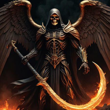 The Angel of Death with a scythe surrounded by flames in darkness.  Ultra realistic, , sf, intricate artwork masterpiece, ominous, matte painting movie poster, golden ratio, trending on cgsociety, intricate, epic, trending on artstation, by artgerm, h. r. giger and beksinski, highly detailed, vibrant, production cinematic character render, ultra high quality model